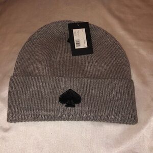 Kate Spade 100% Acrylic Ribbed Flocked Spade Knit Beanie Heather Grey OS NWT